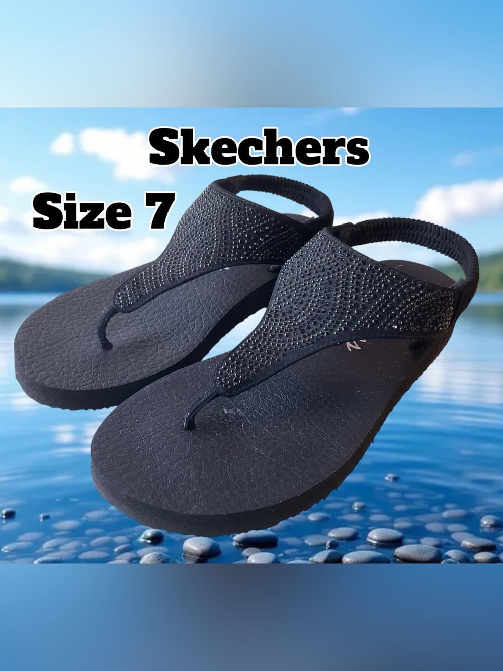 Skechers  Black Rhinestone Backstrap Flip Sandals